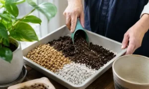 観葉植物用培養土に赤玉土と軽石を加えてスコップで配合する様子