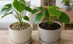 観葉植物を植えた水はけのよい粒状土と保水性のある培養土の比較
