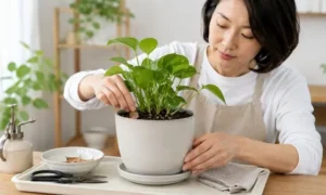 観葉植物の土から枯れ葉を取り除き虫やカビを予防する日本人女性