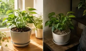 明るい窓辺と日当たりの弱い室内で育てる観葉植物と土の比較