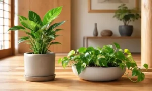 縦に育つ観葉植物の深鉢と横に広がるポトスの浅鉢を比較