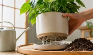 観葉植物の鉢底穴から余分な水が受け皿へ流れる様子