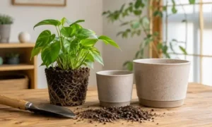 観葉植物の根鉢とサイズの異なる鉢を比較する植え替え準備