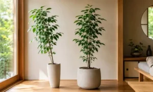 背の高い観葉植物を細い鉢と底面が広い安定した鉢で比較
