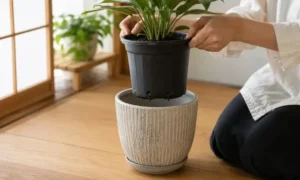 観葉植物の育成用プラスチック鉢を陶器の鉢カバーから取り出す様子