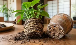 小さすぎる鉢の中で根が何重にも回った観葉植物の根詰まり