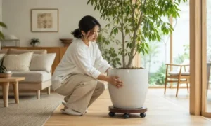 日本人女性が大型観葉植物の陶器鉢をキャスター付き鉢台で移動する様子