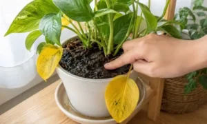 水のやりすぎで葉が黄色くなった観葉植物と湿った土を確認する様子