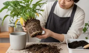 根詰まりで葉が黄色くなった観葉植物の根鉢を確認して植え替える様子