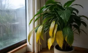 冬の冷たい窓辺で葉が黄色くなった観葉植物