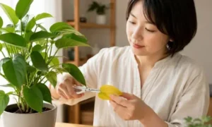 完全に黄色くなった観葉植物の葉をハサミで切り取る日本人女性