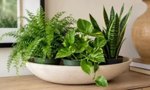 ポトスやサンスベリアを別鉢のまま鉢カバーへまとめた観葉植物の飾り方