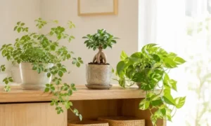 木製棚に並べたシュガーバインとガジュマル、ポトスの観葉植物