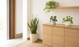 玄関の棚と床に飾ったサンスベリアと小型の観葉植物