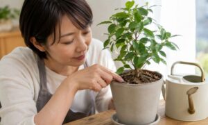観葉植物の水やり前に鉢土の乾きを指で確認する日本人女性