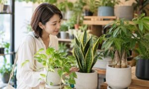 ポトスやサンスベリアなど観葉植物を店頭で選ぶ日本人女性