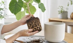 鉢から取り出したウンベラータの根鉢と根の状態を確認している様子
