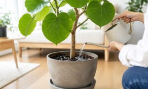 ジョウロでウンベラータの鉢土に水を与えている様子