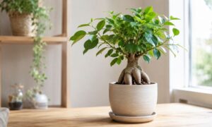 明るい窓辺の室内で育てている鉢植えのガジュマル