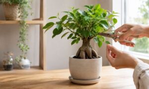鉢植えのガジュマルの枝を剪定ばさみで剪定している様子