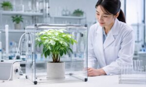 透明な実験チャンバー内の観葉植物を観察する研究者