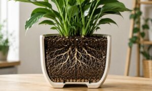 観葉植物の鉢土と根の状態を示した鉢の断面