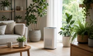 観葉植物と空気清浄機を置いた明るいリビング