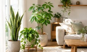 観葉植物を置いた明るいリビングのサンスベリア・パキラ・ポトス