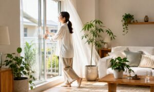 観葉植物のあるリビングで窓を開けて換気する日本人女性