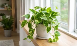 明るい室内の窓辺で育てている葉が茂った鉢植えのポトス