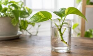 ポトスを水挿しして茎の節から白い根が伸びている様子