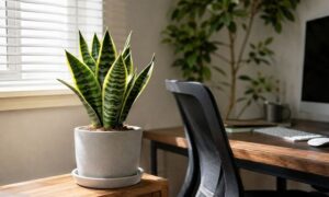 明るい仕事部屋のデスク近くに置かれた鉢植えのサンスベリア