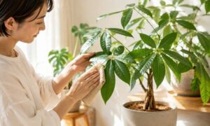パキラの葉についたほこりを柔らかい布で拭く日本人女性